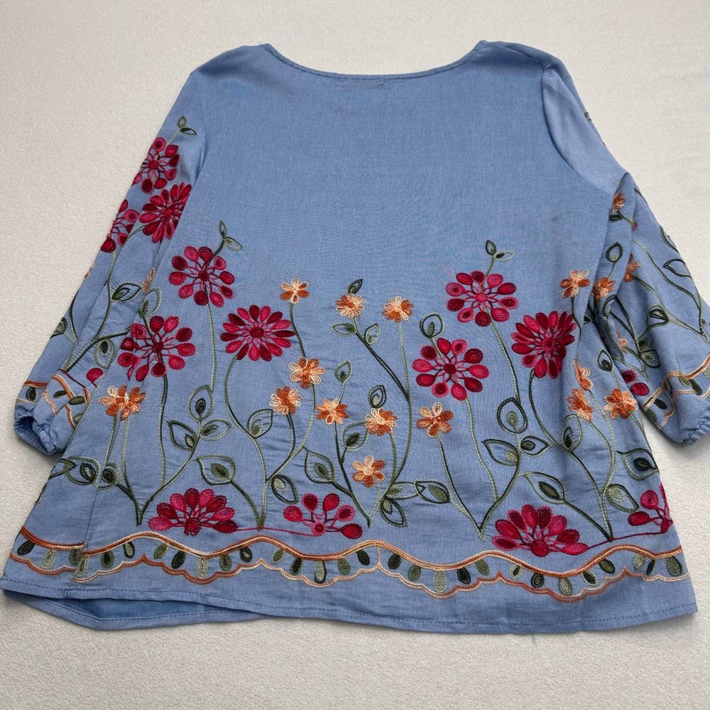 Ana & Rose Blouse Top Blue Floral Embroidered Boho Garden Summer Women's Size M - Picture 5 of 9